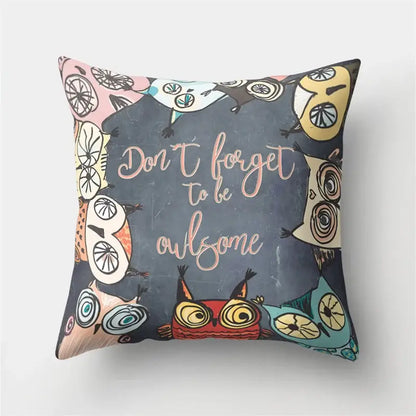 Artistic owl pillow cover with dark blue background colorful cartoon owls and pink cursive text decorbites cute owl cushion