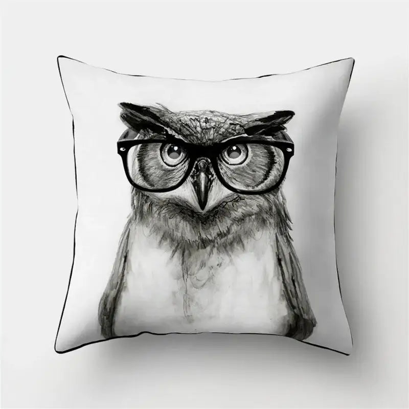 White square pillow cover featuring a detailed black-and-white artistic owl illustration perfect for decorbites cute owl decor