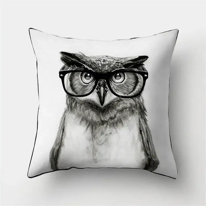 White square pillow cover featuring a detailed black and white artistic owl illustration for bedroom decorbites cute owl cushion