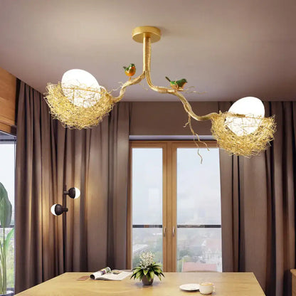 Decorbites artistry golden chandelier with milk white glass ball lights in hand-sewn aluminum bird nests