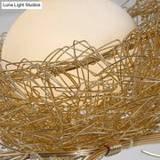 Golden hanging chandelier pendant with artistry milk white glass ball and hand sewn aluminum nest design with birds