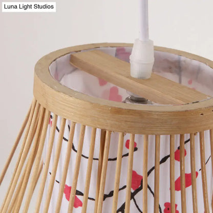 Asian pink cherry blossom bamboo teardrop sconce wall lamp with white fabric shade featuring red flowers and branches