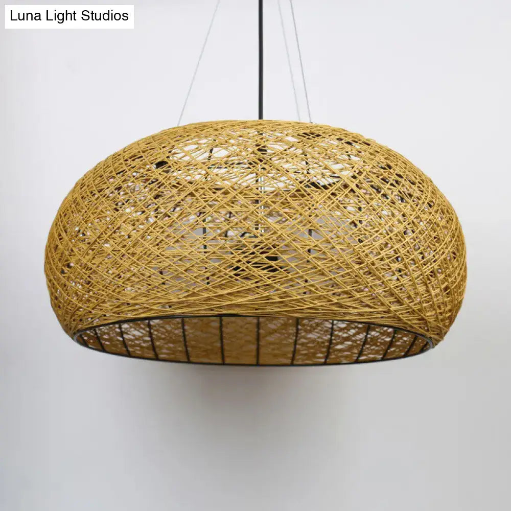 Golden woven rattan dome pendant light with black metal grid base for dining room e26 e27 bulb base compatibility