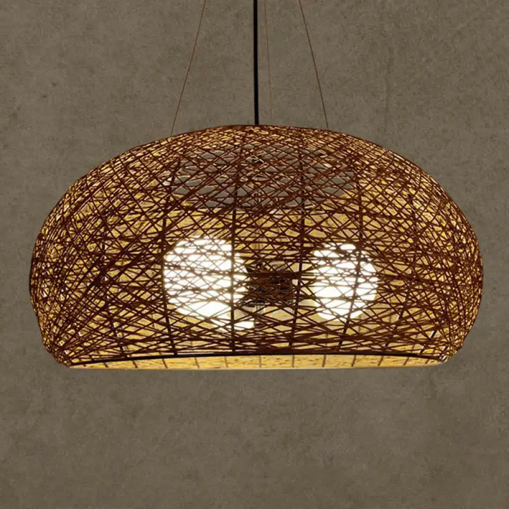 Warm-toned asian rattan dome pendant light with oval woven design and e26 e27 bulb base for dining room use