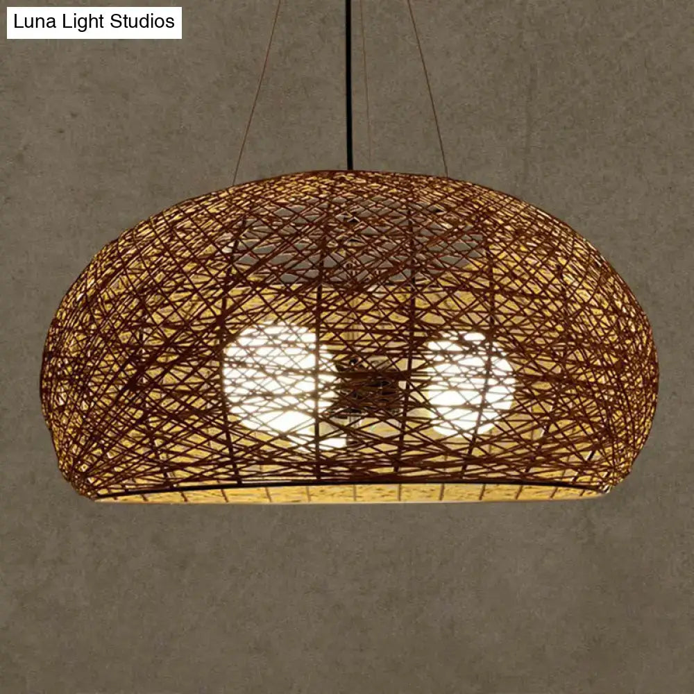Asian rattan dome pendant light with warm-toned natural brown handwoven rattan and e26 e27 bulb base