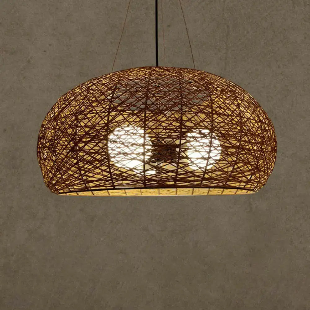 Warm-toned Asian rattan dome pendant light with woven design and e26 e27 bulb base for dining room use