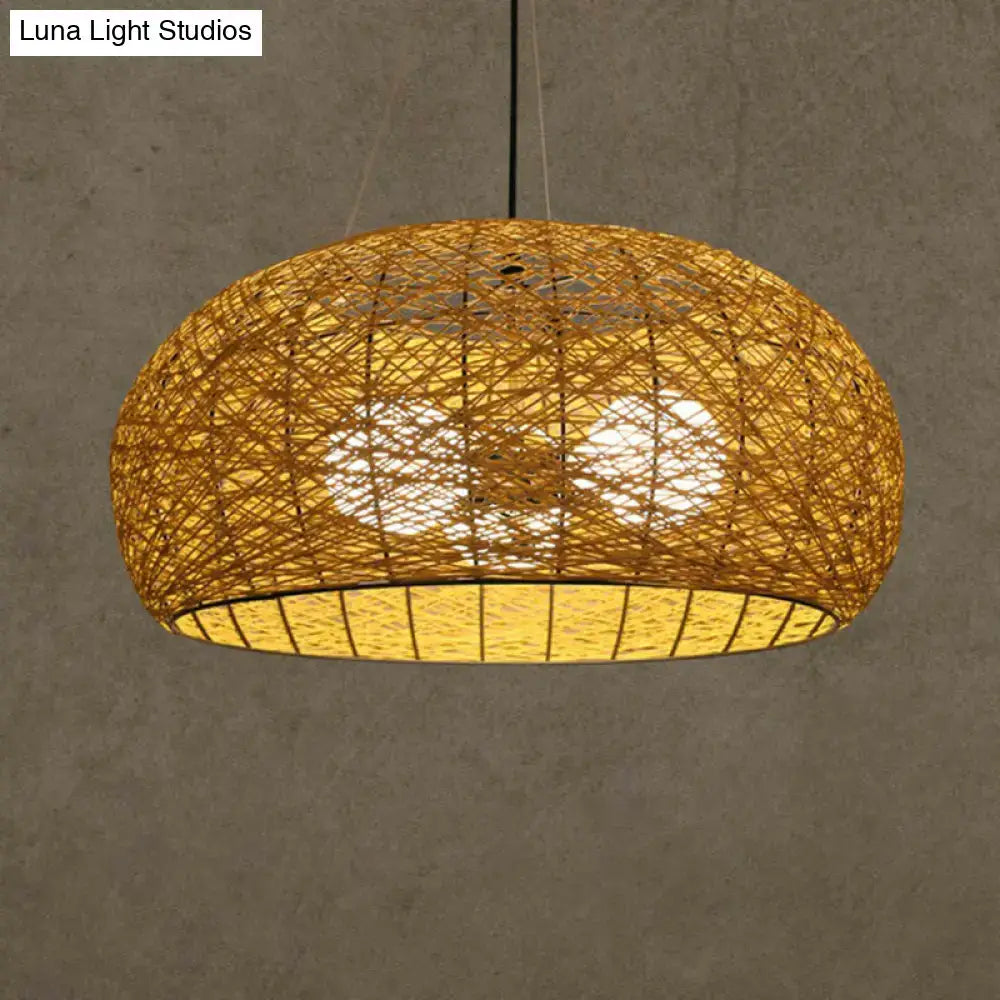 Warm-toned handwoven Asian rattan dome pendant light with geometric patterns and e26 e27 bulb base for dining room