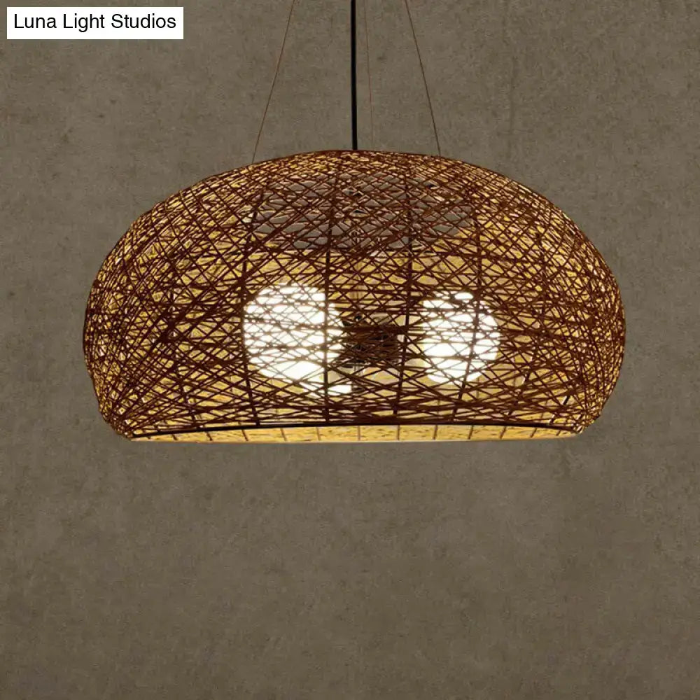 Warm-toned asian rattan dome pendant light with natural brown finish and intricate crisscross pattern e26 e27 bulb base