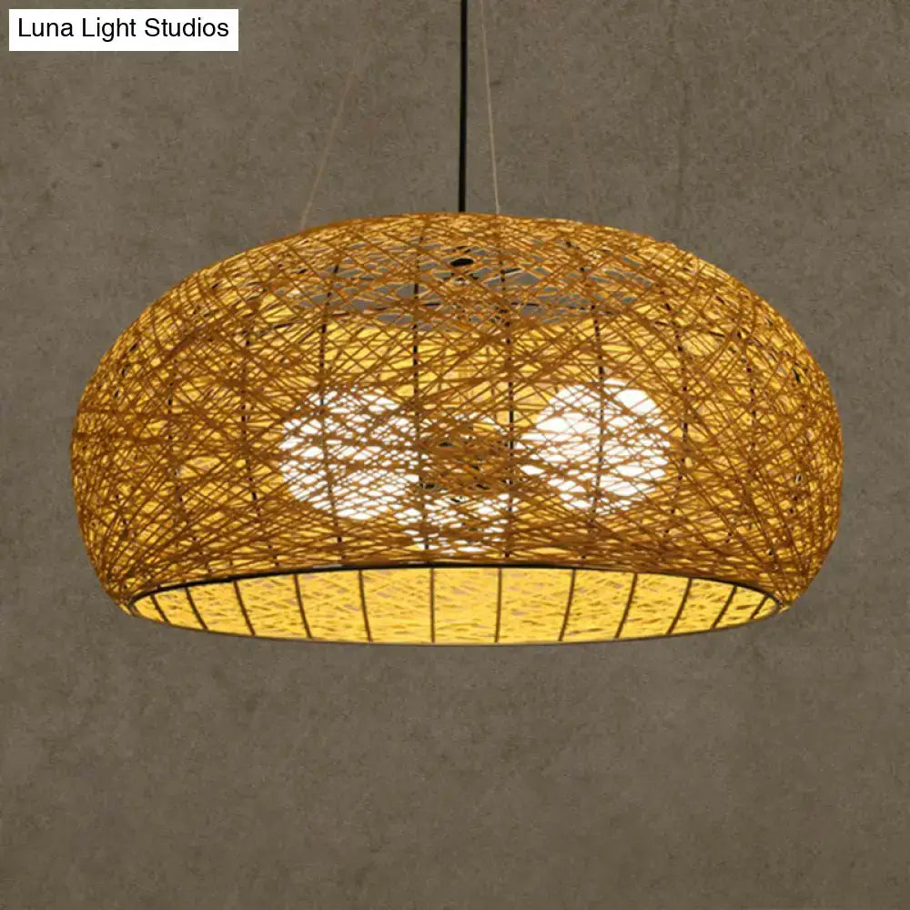 Warm-toned asian rattan dome pendant light with intricate lattice pattern and e26 e27 bulb base for dining room use