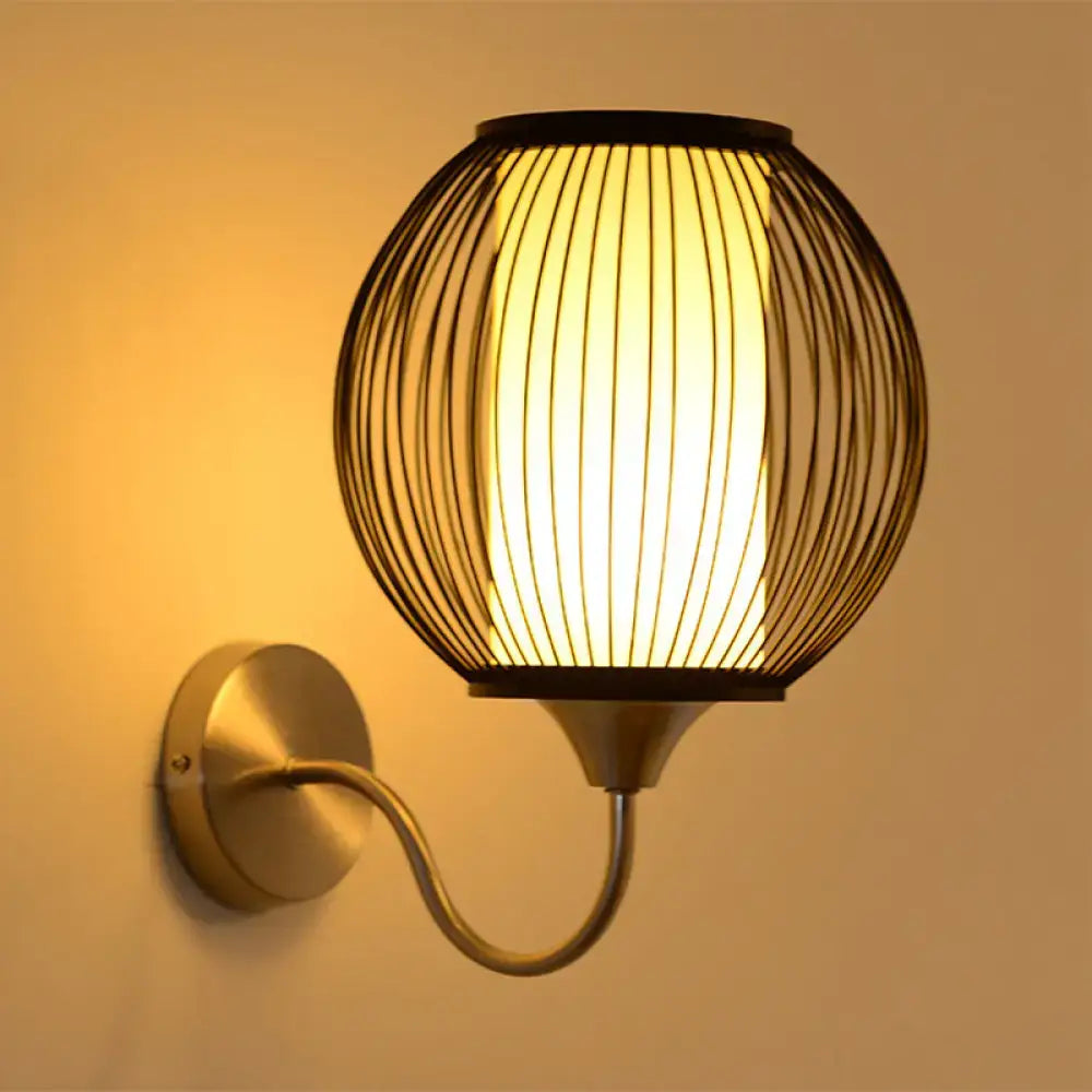 Asian style black bamboo gooseneck wall lamp with dark metal spherical cage wall light for bedroom use