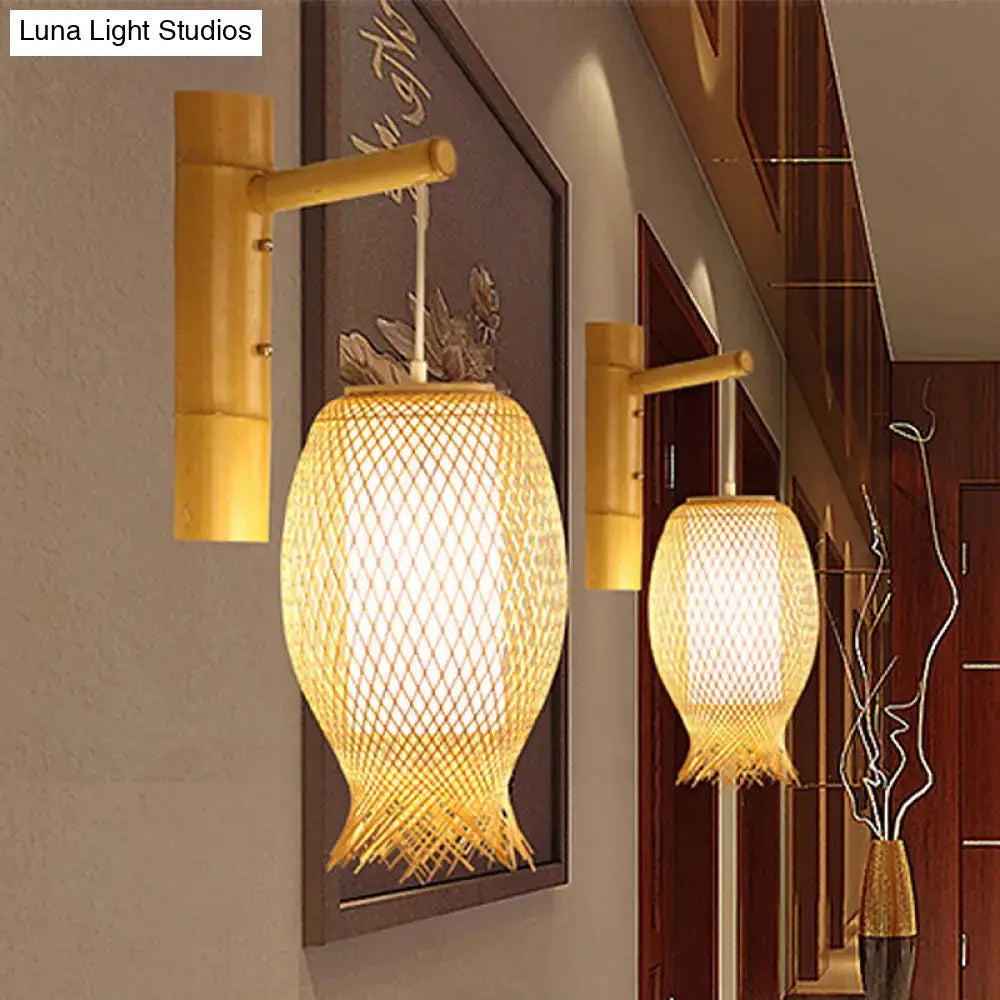 Golden bamboo wall sconce with woven rattan shade direct wired electric led incandescent fluorescent bedroom lamp