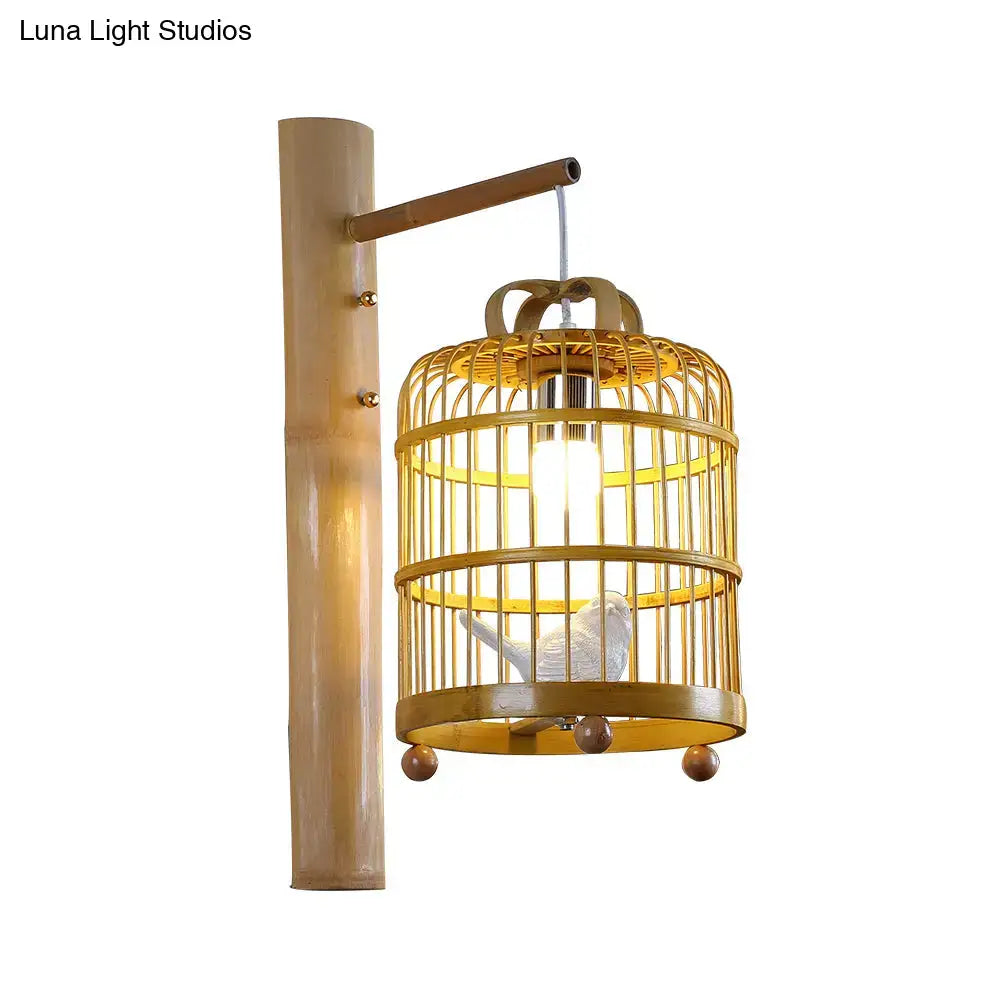 Golden bamboo-style wood cage design wall sconce with white bird deco ceramic figurine suitable for 110v-120v use