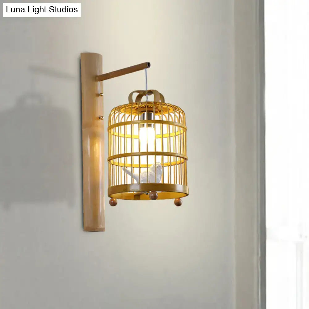 Golden wood cage design wall sconce with bamboo base and white bird deco ceramic figurine for bedroom 220v-240v 110v-120v