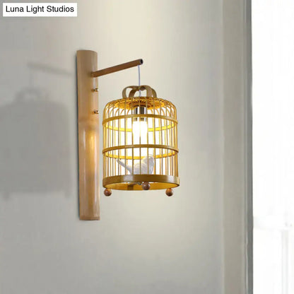 Golden wood cage design wall sconce with bamboo base and white bird deco ceramic figurine for bedroom 220v-240v 110v-120v
