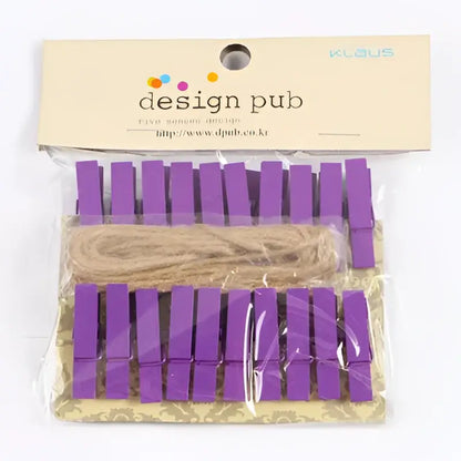 Purple mini wooden clips packaged with twine for bedroom photo decor and assorted colorful heart wooden clips