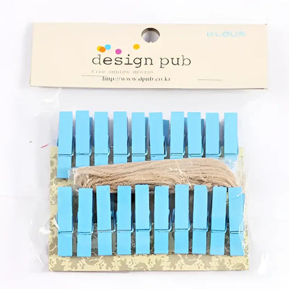A set of light blue mini wooden clips with natural twine for bedroom photo decor and assorted colorful heart clips