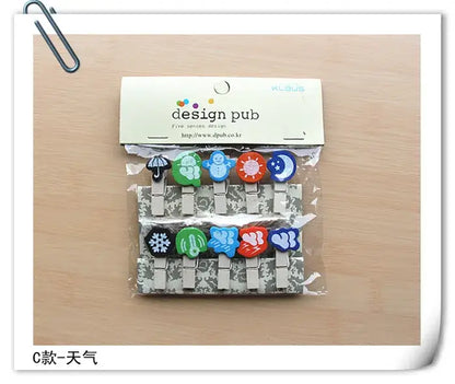 Set of ten colorful weather-themed mini wooden clips in plastic packaging for bedroom photo decor and organization