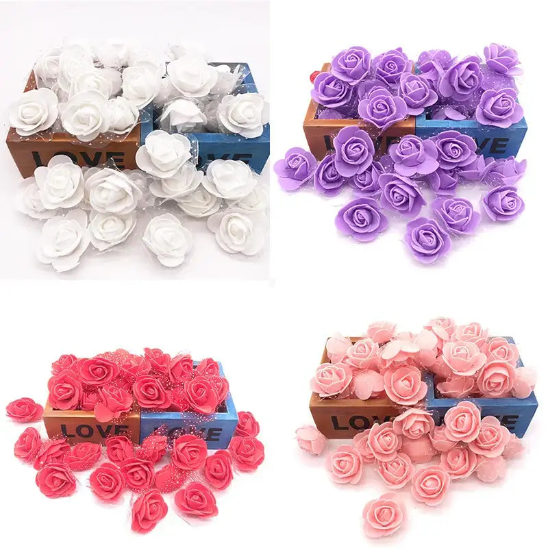 Assorted white purple pink and red decorbites handmade foam rose flower heads in various sizes for wedding decor