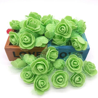Light green handmade foam rose flower heads nestled in a wooden box and scattered for decorbites handmade foam decor
