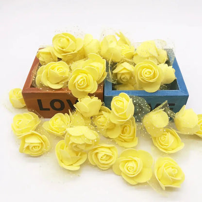Yellow foam handmade foam rose flower heads in decorative box for wedding decor by decorbites handmade foam