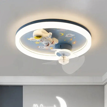 Rounded ceiling fan light with white astronaut figurine and blue space-themed design for bedroom fixture