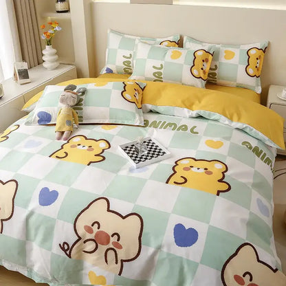 Cute yellow and mint green bedding set featuring decorbites cartoon lattice floral bears for green and white bedroom decor