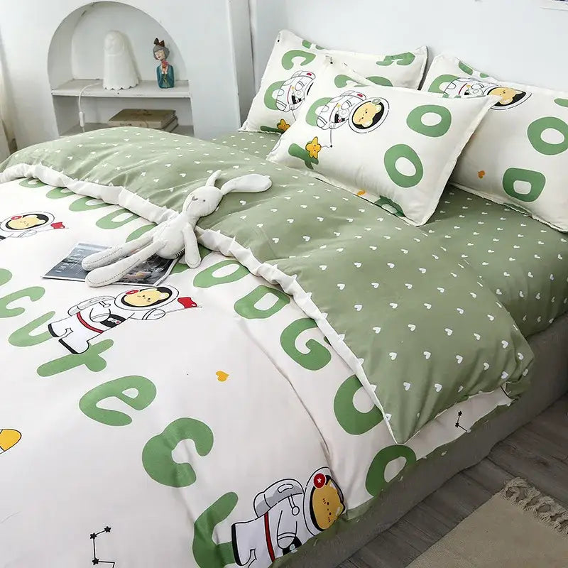 Cute green and white astronaut cartoon lattice floral bedding set with playful characters for bedroom decorbites collection