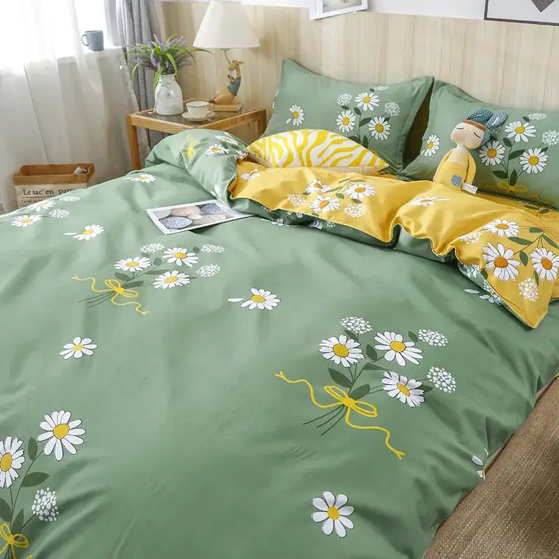 Green and yellow daisy-themed bedding set with embroidered floral patterns from decorbites cartoon lattice collection