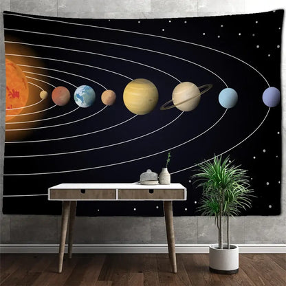 Black space-themed astronaut moon tapestry wall hanging featuring detailed solar system decorbites astronaut moon decor