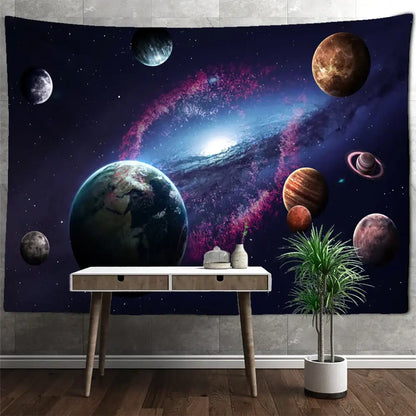 Decorbites astronaut moon tapestry wall hanging featuring vibrant purple blue galaxy and planets for living room decor