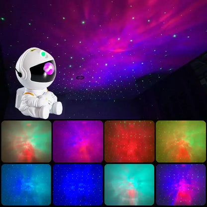 White astronaut-shaped night light with smiling face projecting colorful starry sky decorbites galaxy star patterns