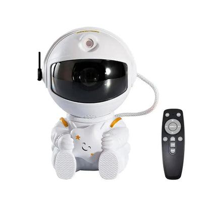 White astronaut-themed smart camera night light with black visor and yellow accents for decorbites galaxy star projector use