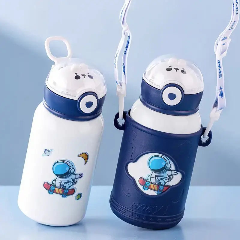 Astronaut white and navy blue stainless steel thermos bottle with insulated design cartoon straw and bear face lids for kids
