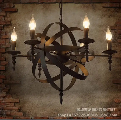 Dark bronze decorbites iron pendant light with intricate spherical design and five candle-style bulbs for living room decor