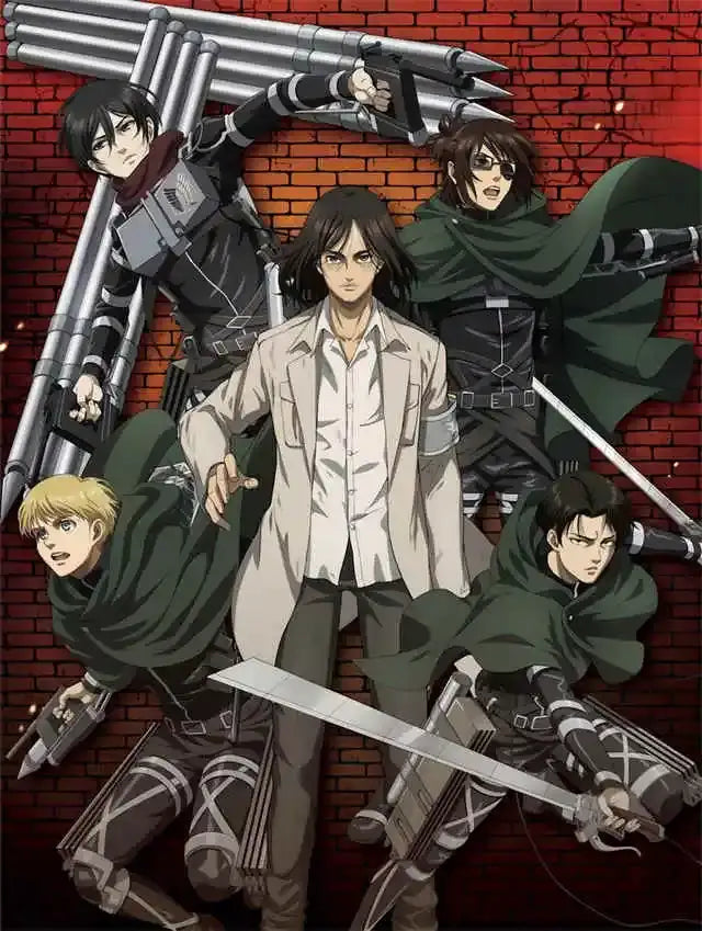 DecorBites™ attack on titan final season anime canvas art featuring a young man in a beige trench coat with silver arm braces