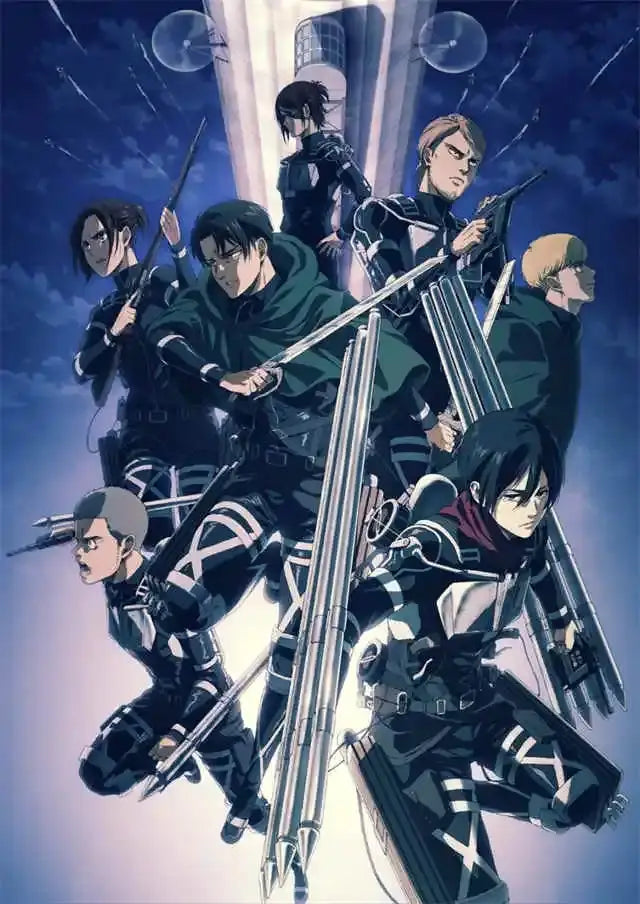 Decorbites™ attack on titan final season poster featuring dark armored characters with white cross markings on canvas art