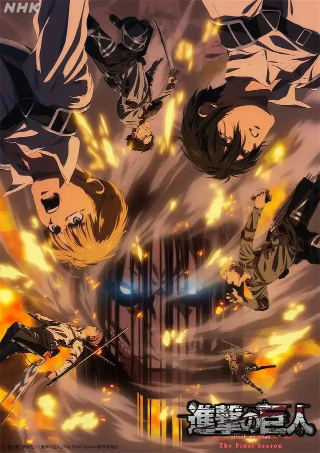 Vibrant anime canvas art poster with dynamic characters and fiery backdrop for decor featuring titan final season theme
