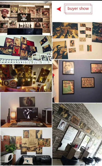 A collection of vintage-style black and white and sepia titan final season posters on canvas for anime decor