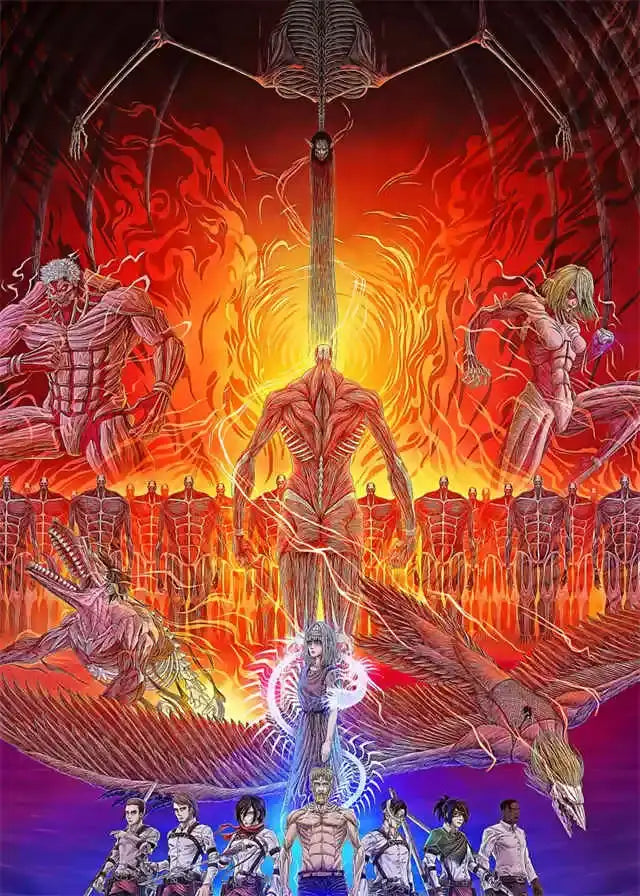 Dramatic anime canvas art featuring titan final season muscular figure with skeletal details and fiery monstrous backdrop