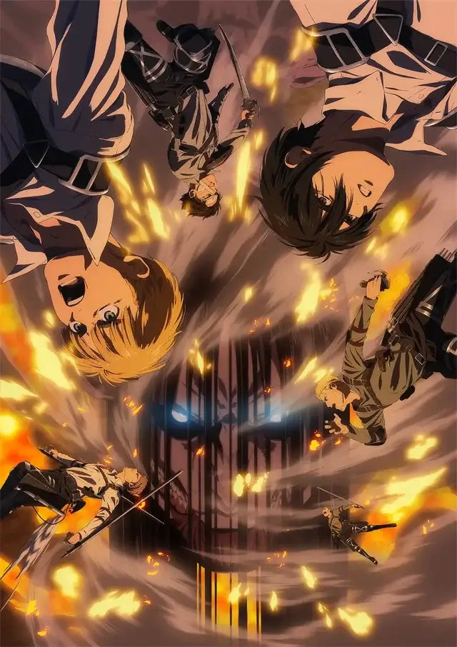 DecorBites™ Attack on Titan final season poster featuring dramatic anime characters and fiery explosions on canvas art
