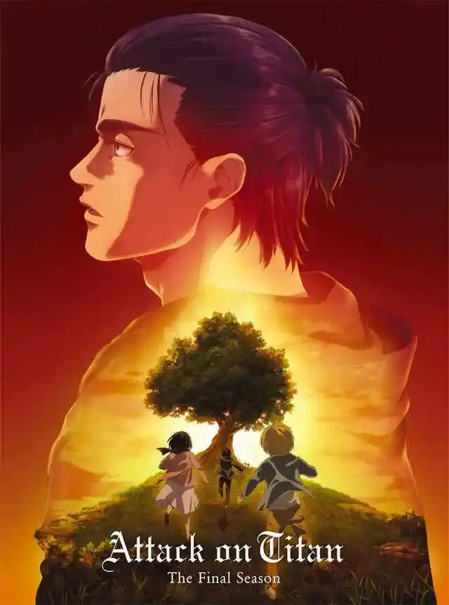 Decorbites™ attack on titan final season poster featuring a silhouetted titan against fiery red and orange sky canvas art