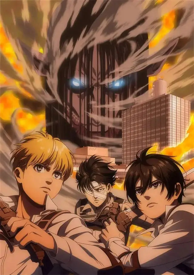 Decorbites titan final season poster features a towering titan with glowing blue eyes over a burning cityscape on canvas