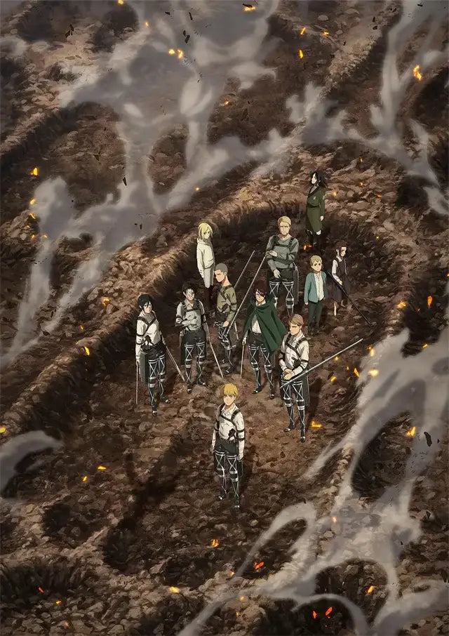 Decorbites™ attack on titan final season anime canvas wall art featuring characters in military uniforms on fiery battlefield