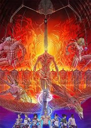 Dramatic decorbites™ attack on titan final season poster featuring muscular titan with skeletal structure and fiery backdrop