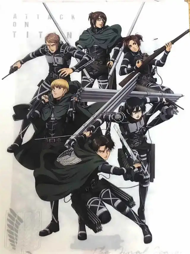 Black and gray DecorBites™ attack on titan final season canvas poster featuring six soldiers in tactical gear with weapons