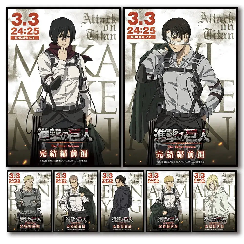 Decorbites™ attack on titan final season poster featuring anime characters in military gear with stylized text on canvas art