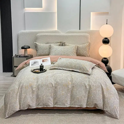 Beige textured autumnal leaf cream brushed cotton duvet cover set with subtle gold pattern and soft pink bed skirt