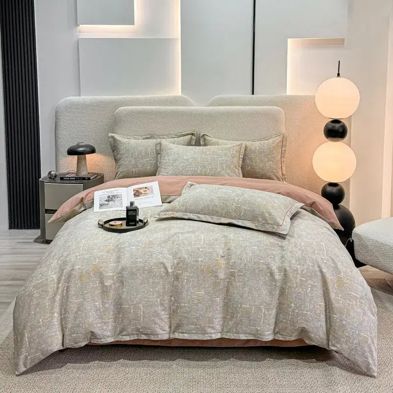 Beige textured autumnal leaf cream brushed cotton duvet cover set with subtle gold pattern and soft pink bed skirt
