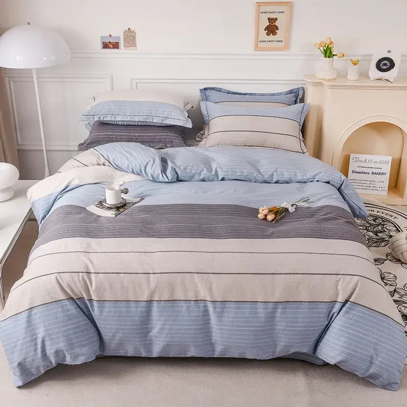 Blue and beige striped duvet cover set in soft textured fabric for autumnal leaf cream brushed cotton bedroom decor