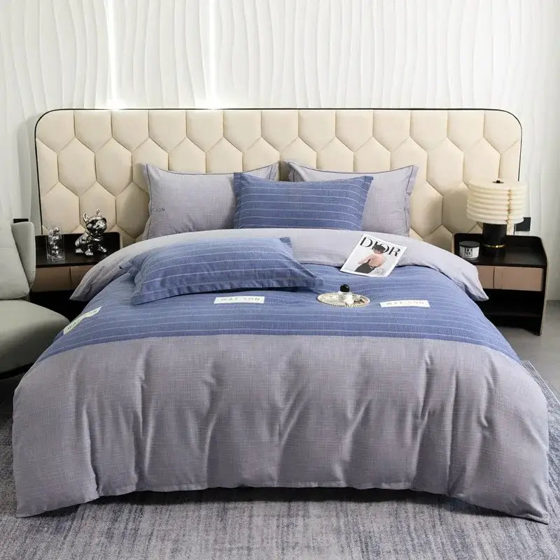 Blue and gray striped quilted duvet cover set in brushed cotton for autumnal leaf cream bedroom decor
